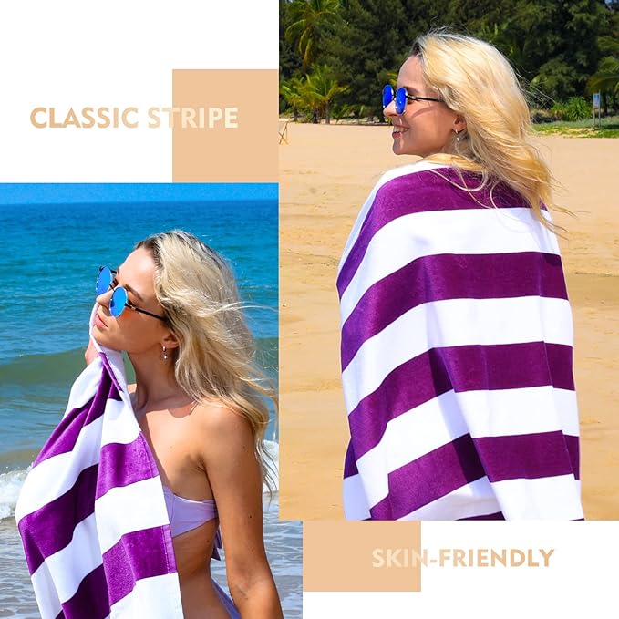 Exclusivo Mezcla 2 Pack Cotton Oversized 35x70 Inches Cabana Stripe Beach Towels, Super Absorbent Soft Plush Pool Bath Towel (Purple)