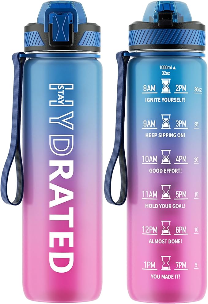 QLUR Water Bottle with Straw, 32oz Motivational Water Bottles with Time Marker to Drink, Tritan BPA Free, 1L Sports Water Bottle with Carry Strap LeakProof for Women Gym Fitness Outdoor (1 Pack)