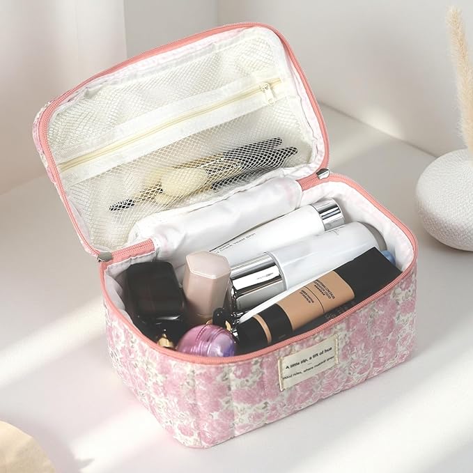 Gosect Large Makeup Bag, Cute Cosmetic Bag for Women Girls, Floral Coquette Aesthetic Toiletry Bag, Travel Make Up Organizer Bag (Crushed Flower)