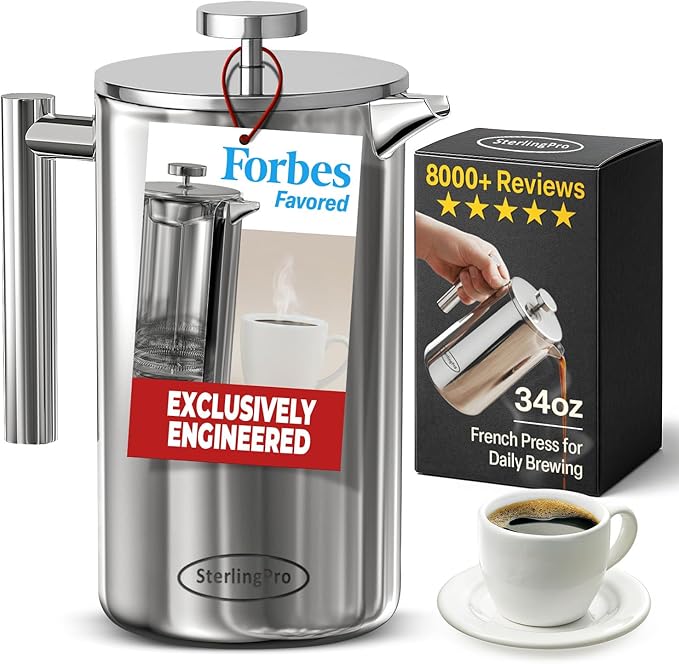 SterlingPro Stainless Steel French Press Coffee Maker 1 L (34 oz) Mirror – Double Walled Insulated Large Coffee Press, Durable Design Keeps Drinks Hot, Easy to Use and Clean for Rich Flavor Brewing