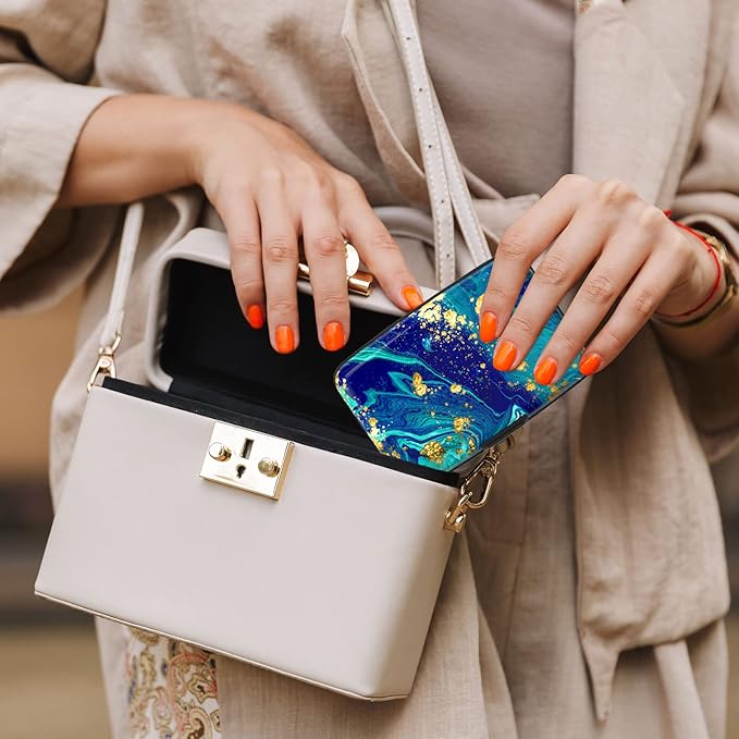 Credit Card Holder, Mini Aluminum Card Wallet RFID Blocking Slim Metal Hard Card Case for Women Men, Blue Green Marbling