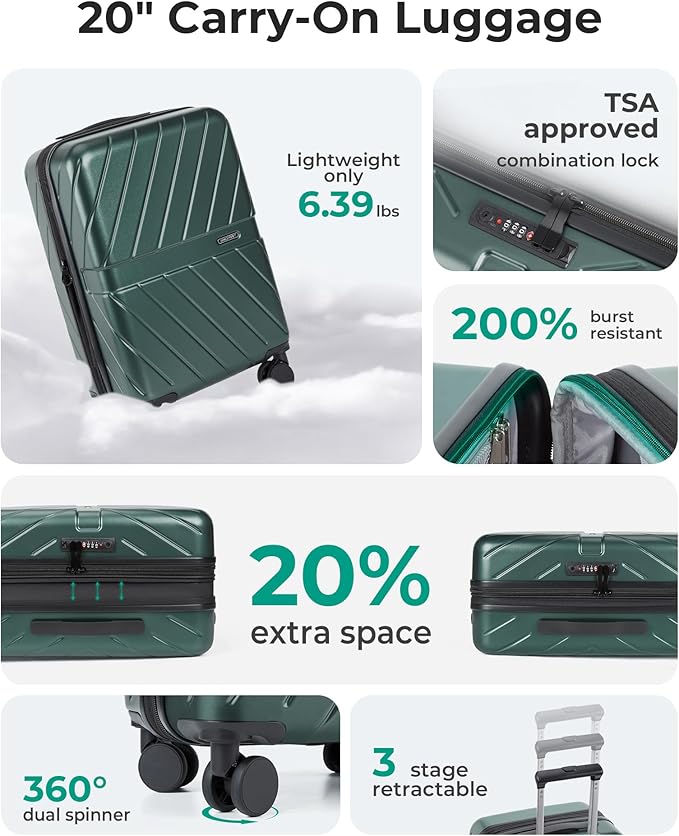BAGSMART Carry on Luggage 22x14x9 Airline Approved with TSA Lock, 100% Polycarbonate Hardside Suitcase with Spinner Wheels, Olive-Green