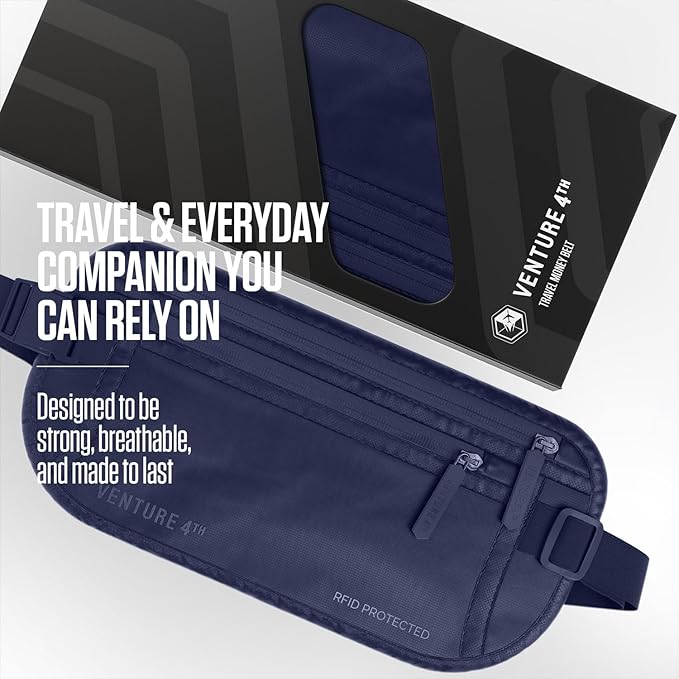 VENTURE 4TH Money Belt for Travel – Slim Hidden Under-Clothes RFID Blocking Anti-Theft Passport Holder & Travel Wallet Pouch for Men & Women to Protect Cash, Cards & Documents (Sleek Navy Blue)