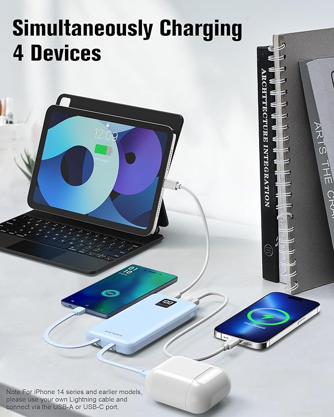 AsperX 2-Pack 10000mAh Portable Charger with Built-in Cables, USB C Travel Essential Battery Pack with 4 Outputs 2 Inputs,LED Display Power Bank with Cord Wires for iPhone Samsung Google Pixel iPad