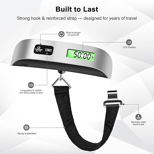 Digital Luggage Scale for Travel, Hanging Suitcase Weight Scale with High Accuracy ±0.35oz/10g, 110lb/50kg Capacity, Backlit Display, Auto-Lock, Portable Bag Scale to Prevent Overweight Fees