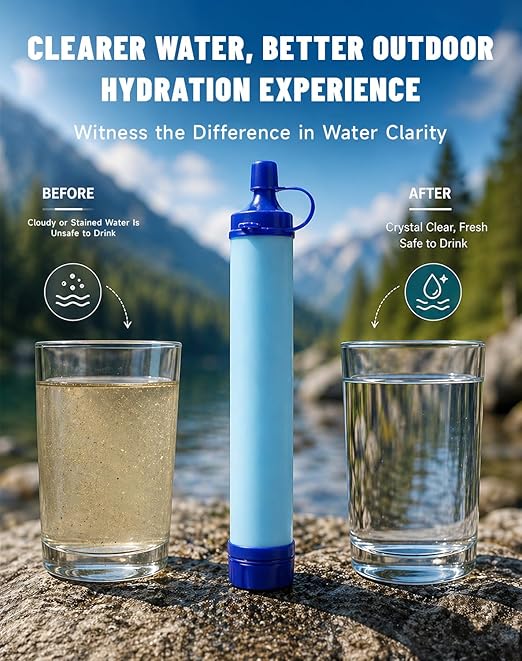 Water Filter, Portable Water Filter Straw, Emergency Survival Filtration System, Lightweight Personal Water Purifier, Includes 480ml Reservoir & Tube, for Hiking, Camping, Travel (3)