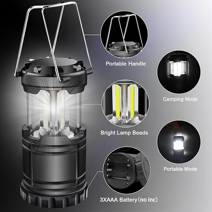 EXTRASTAR 2 Pack LED Battery Operated Lights, Portable Survival Battery Powered Lamp, Camping Lantern, Suitable for Hurricane, Emergency, Storm, Outages, Outdoor Collapsible Lanterns, Black
