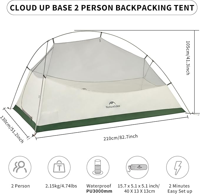 Naturehike Cloud-Up Tent Lightweight Backpacking Tent with Footprint - Free Standing Ultralight Camping Hiking Backpack Tents