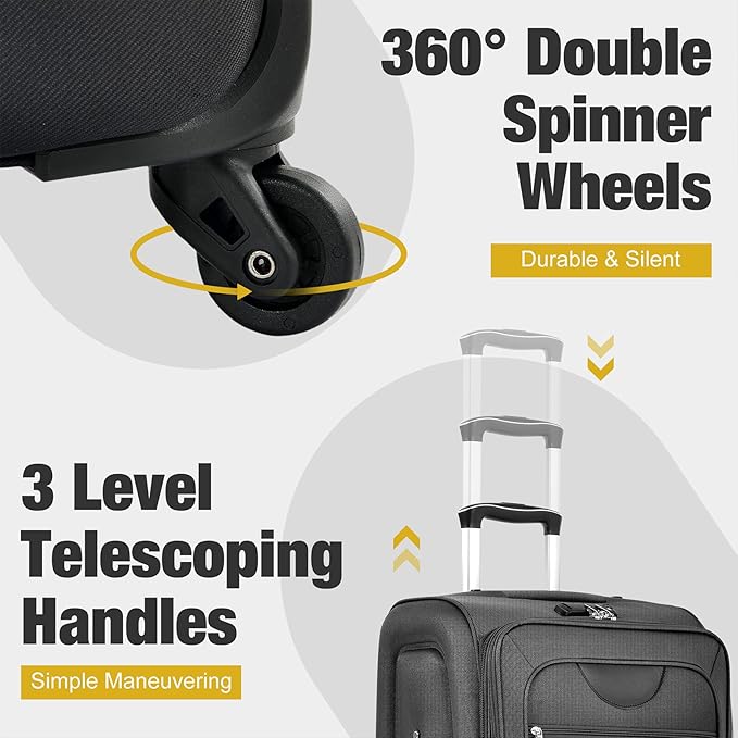 Lightweight Expandable Softside Luggage Sets 3 Piece, Large Capacity Travel Suitcase with Spinner Wheel, TSA Lock, Easy Access Design and Adjustable Telescoping Handle (Black)