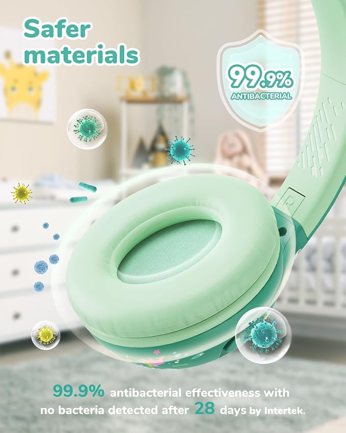 iClever BTH27 Toddler Headphones for 2+ Year Old-CPC Certified, 75/80dBA Safe Volume Limited, 74H Playtime, Bluetooth 5.4, BPA Free, Kids Bluetooth Headphones Aux Cord for Travel iPad, Green