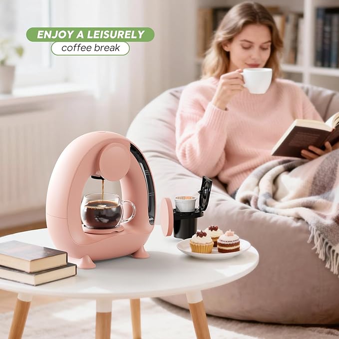 Pod and Grounds Single-Serve Coffee Maker, 2 in 1 One Cup Coffee Machine Compatible with K-Cup Pod & Coffee Grounds/Tea, Compact Design, 4-8oz, Pink