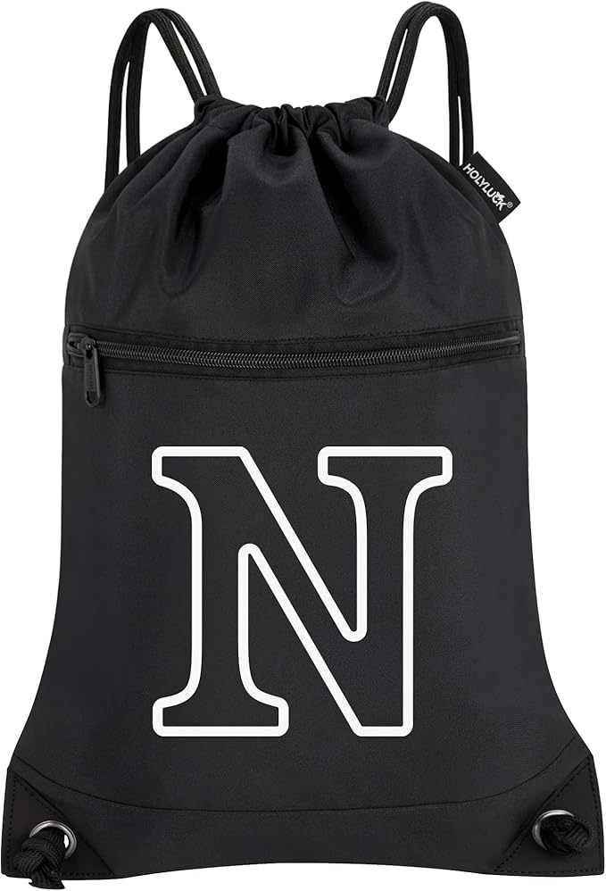 HOLYLUCK Drawstring Bags Initial Backpack Sackpack Cinch Bags for Sports, Gym, Travel, Beach (Black-N)