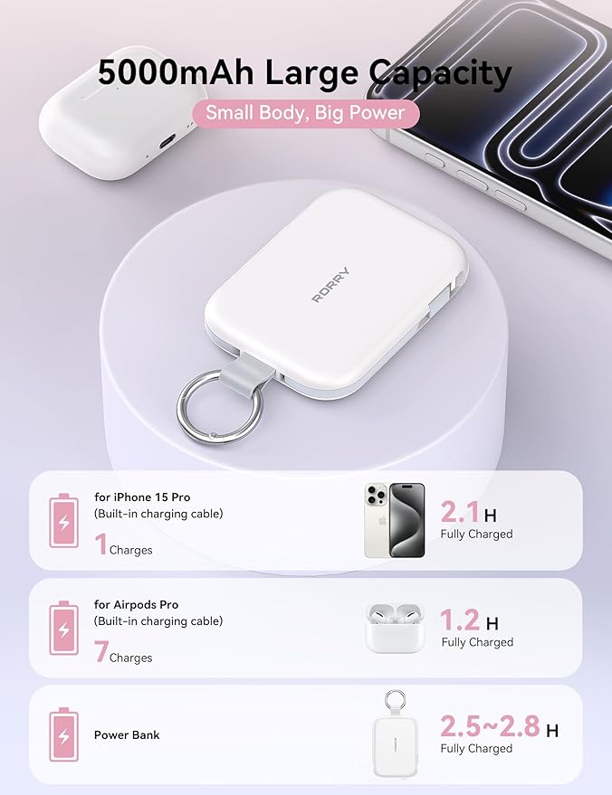 RORRY CharmGo Portable Charger, 5000mAh Portable Charger Power Bank with Built-in Cables, Travel Keychain Charger Battery Pack for iPhone 17/16/15/14/13/12, for AirPods 2/3/4/Pro, White