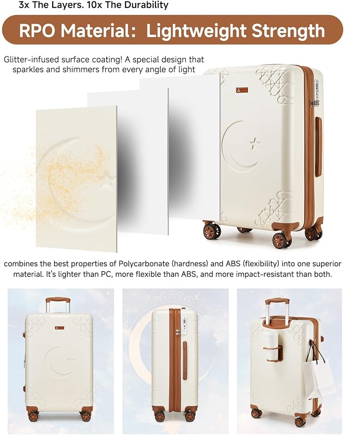 Somago Expandable Carry On luggage with Shock-Absorbing Braking Spinner Wheels Moon Star Design Hard Shell Suitcase with Cupholder TSA Lock (White,Expandable 20 Inch)
