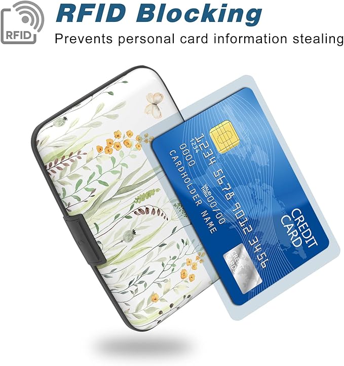 Credit Card Holder, Mini Aluminum Card Wallet RFID Blocking Slim Metal Hard Card Case for Women Men, Butterfly Flowers