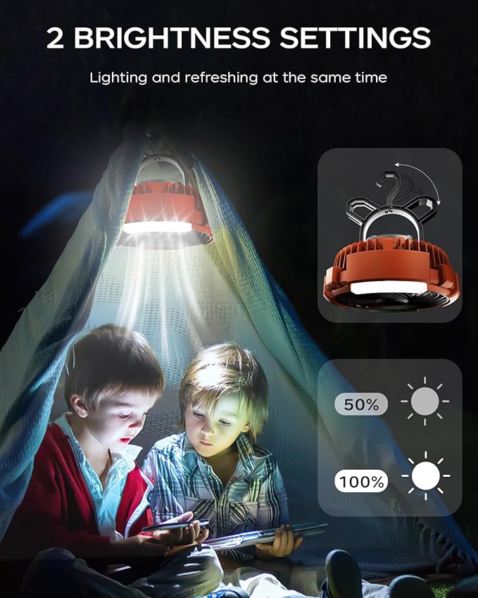 ASNUG Camping Fan with LED Lantern, 6000mAh Battery Operated Rechargeable Fan, 3 Speeds,180° Rotation, Portable Desk Fan with Hanging Hook, Tent Fan for Travel Camping Outdoor Fishing