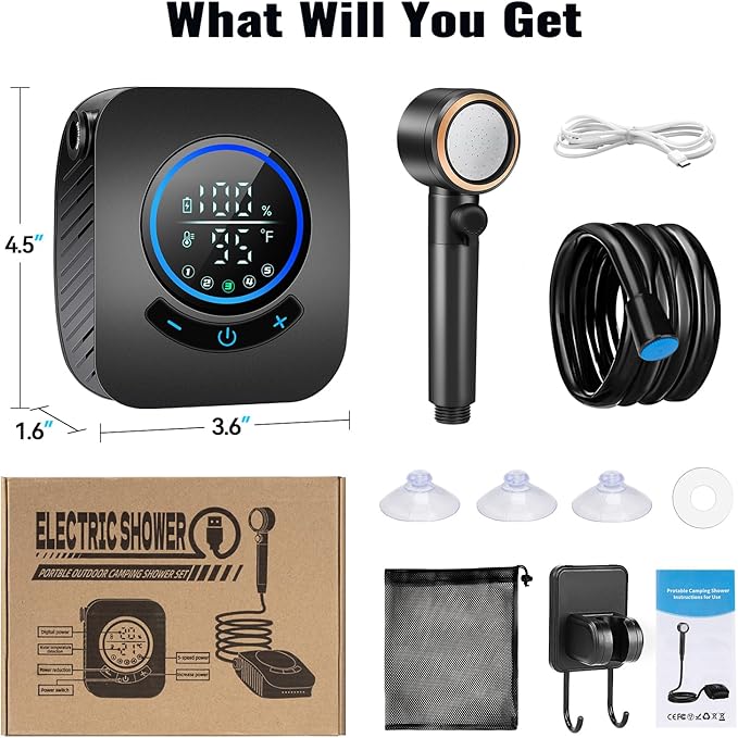 Upgraded Portable Shower, 8000mAh Rechargeable Camping Shower Pump with Intelligent Display, 5 Pressure Modes, IPX8 Waterproof Lightweight Pocket Outdoor Shower Pump Kit for Hiking, Travel, Car, Pet