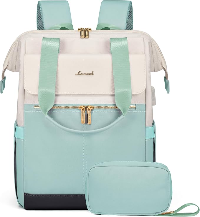 LOVEVOOK Laptop Backpack for Women, 15.6 Inch Work Laptop Bag with USB Port, Fashion Teacher Nurse Backpack Purse, Waterproof Travel Computer Backpack with Organizer Bag, 2PCS, Beige-Mint Green