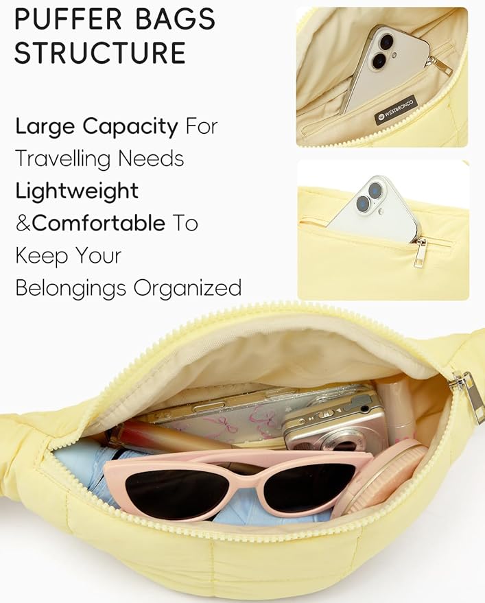 WESTBRONCO Puffer Fanny Packs for Women Small Crossbody Sling Bag, Nylon Quilted Belt Bag for Travel Hiking Running Waist Bag with Adjustable Strap