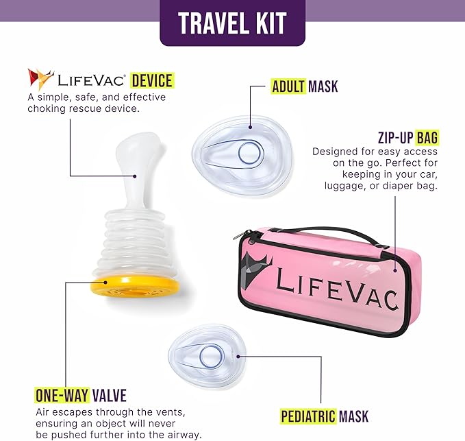 LifeVac Pink Travel Kit 2 Pack - Portable Suction Rescue Device, First Aid Kit for Kids and Adults, Portable Airway Suction Device for Children and Adults