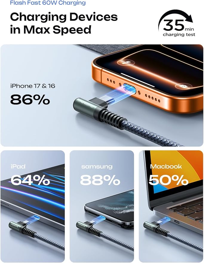 AINOPE USB C to USB C Cable (60W 2Pack 6.6ft) C to C Cable Fast Charging Type C Charger Fast Charging, Right Angle for Charging While Gaming & Lying Down Fit for iPhone 17 Pro Max Samsung iPad MacBook
