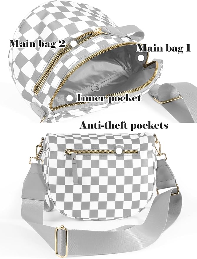 Black and White Checkered Crossbody Bag Bum Bag for Women,Spacious Checkered Purse Fanny Packs Belt Bag