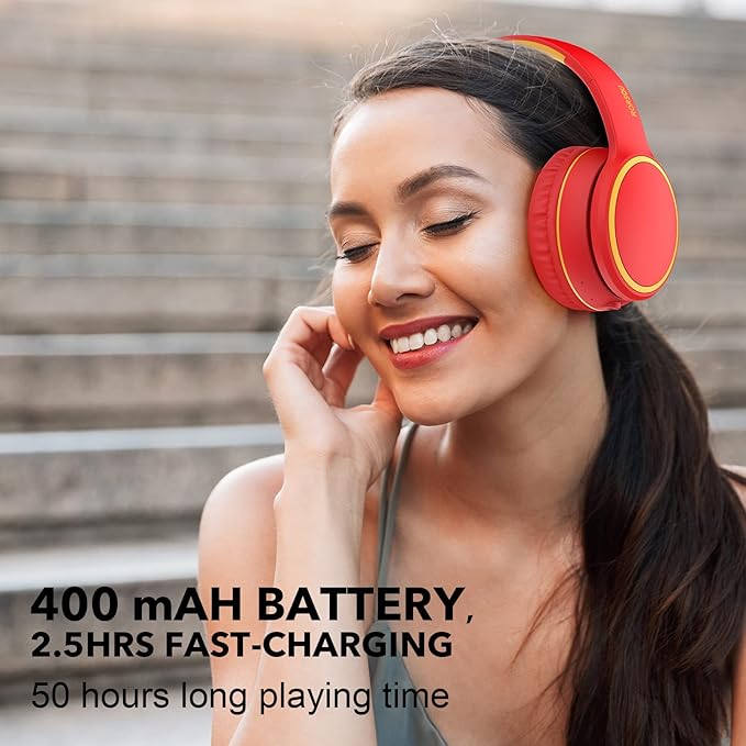 B10 Wireless Bluetooth Over-Ear Headphones, Lightweight Folding Stereo Bass Headset with Mic, 50H Playtime, Volume Control, Bluetooth 5.3 Headphones for iPad/Travel/Tablet/PC (Red)