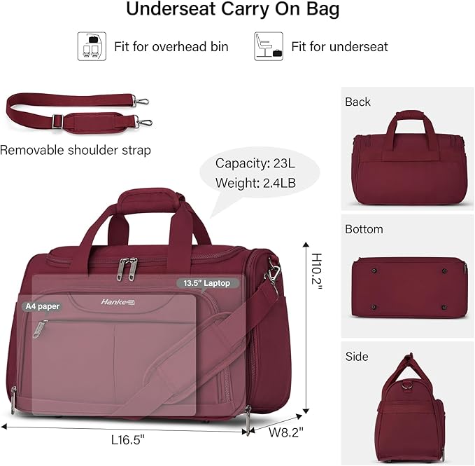 Hanke Small Travel Duffel Bag, Under Seat Carry On Personal Item Bag with 11 Pockets, Lightweight Water Resistant Foldable Weekender Bag with Trolley Sleeve for Travel Gym Daily Use（Burgundy）