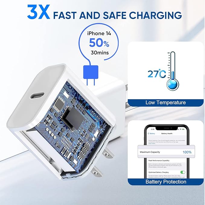 3 Pack Fast Charger iPhone,【Apple MFi Certified】6FT iPhone Charger Fast Charging USB C Block Wall Adapter 6 Foot Type C to Lightning Cable for iPhone 14 Pro Max/14 Plus/13 Pro/12/12Pro/11/XS/X,AirPods