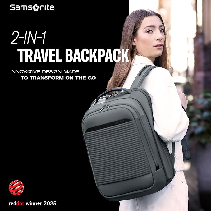 Samsonite Paralux 2-in-1 Travel Backpack, Converts into Main Bag + Go Bag, Lay-Flat Packing, StackIt™ Strap, Laptop Sleeve & Integrated AirTag™ Holder - Business & Adventure Travel Bag - Black