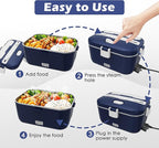 COZYEXPERT 100W Electric Lunch Box Food Heated 12V 24V 110V Fast Food Warmer Heater for Car/Truck/Home Portable Food Heating Boxes with 1.8L 304 SS Container 0.45L Compartment(Royal Blue+White)
