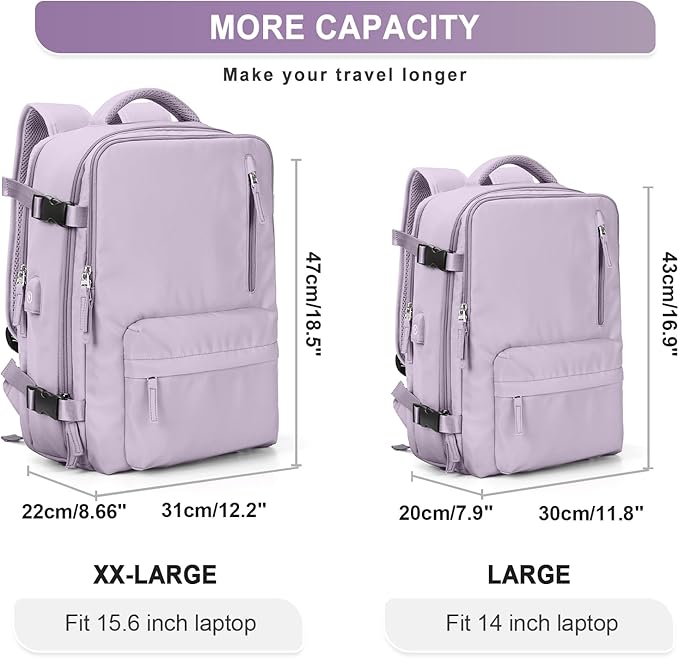 WONHOX Large Travel Backpack Women, Carry On Backpack,Hiking Backpack Waterproof Outdoor Sports Rucksack Casual Daypack with USB Charging Port Shoes Compartment, Purple
