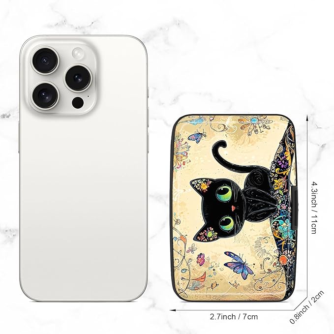 Credit Card Holder, Mini Aluminum Card Wallet RFID Blocking Slim Metal Hard Card Case for Women Men, Cat on Branch