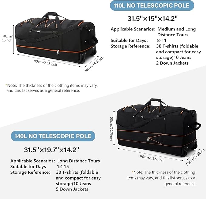 Rolling Duffle Bag with Wheels,110L/140L Expandable Soft-Sided Foldable Duffle Bag with 2 Rubber Wheels,Packable 32” Rolling Carry-On with Multi-Pockets & Compartments (Black orange)