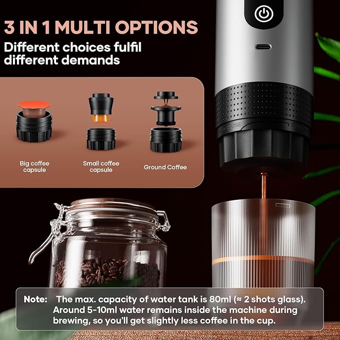 kejector Portable Coffee Maker Espresso Machine for Travel Nano Car Coffee Maker Compatible with Ground Coffee & Capsule for RV, Hiking Camping Office, Travel Espresso Maker Electric Coffee Machine