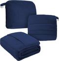 DEZ FURNISHINGS 4-in-1 Travel Compact Blanket Pillow Super Soft Velvet with Luggage Sleeve and Backpack Clip, Navy, 60" x 45"