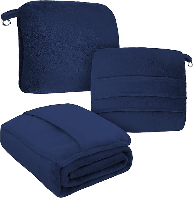 DEZ FURNISHINGS 4-in-1 Travel Compact Blanket Pillow Super Soft Velvet with Luggage Sleeve and Backpack Clip, Navy, 60" W x 45" H