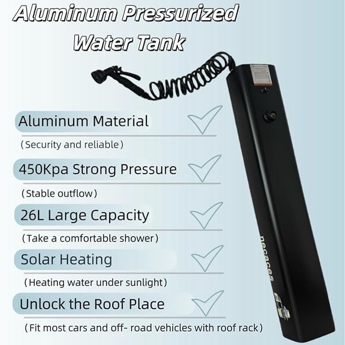 4.5-9 Gallon Pressurized Water Tank,Portable Aluminum Camping Shower Water Storage with Spray Hose for Overland Off-Road Vehicles, Pick-up Trucks,Outdoor Activities Water Supply.