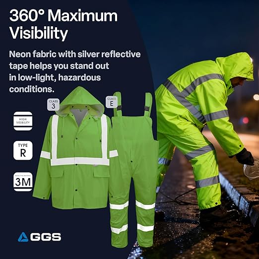 Global Glove FrogWear GLO-8000 Unisex High-Visibility Rain Suit, Lightweight Three-Piece Rain Gear with Waterproof Jacket, Bibs, and Detachable Hood – Neon Yellow, 5X-Large