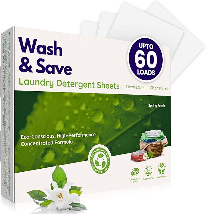 WASH & SAVE Laundry Detergent Sheets - 60 Loads / 30 Sheets | Plant-Based, Eco-Friendly, Hypoallergenic Liquidless Detergent | Perfect for Travel & Dorm - Spring Fresh