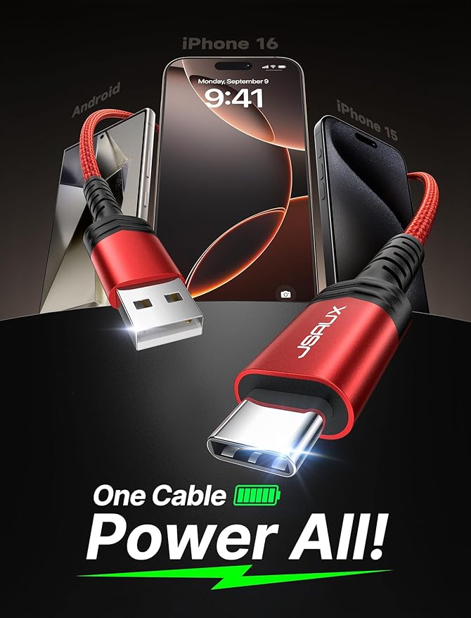 JSAUX USB C Cable [2-Pack 6.6ft], USB A to USB Cord Fast Charging for iPhone 17e, iPhone 17, iPhone Air, iPhone 17 Pro Max, iPhone 16/iPhone 15 Series, Samsung S20 S10, Note 20 10, Car Play - Red