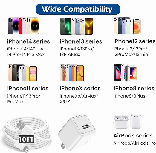 2Pack[Apple MFi Certified] iPhone Charger,10Feet Extra Long Lightning Cable Data Sync Transfer Cord with Portable Travel Charging Block Compatible with iPhone 14/13/12/11/10/X/8 Plus/XR/XS Max/7/SE
