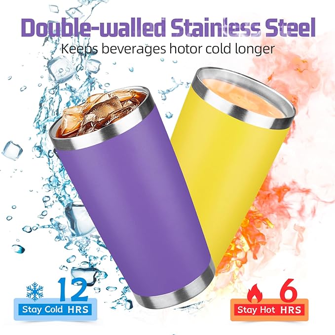 20 oz Tumbler with Lids and Straws, Stainless Steel Insulated Travel Coffee Mug, Double Wall Vacuum Insulated Tumblers, Powder Coated Coffee Tumbler for Cold & Hot Drinks (Purple)