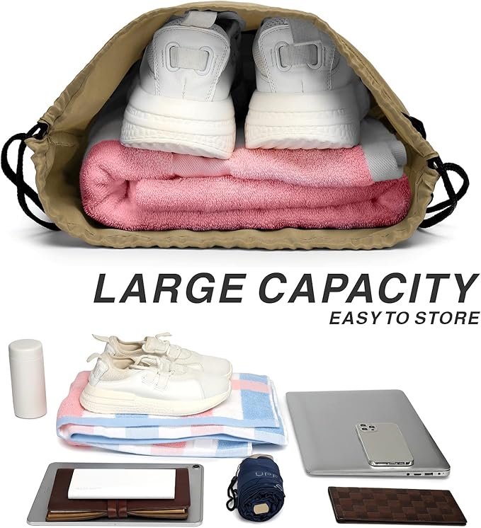 Drawstring Backpack Sports Water Resistant String Bag Sport Gym Sackpack for Women Men Large with Zipper, Khaki