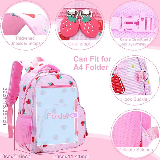 RHCPFOVR Kids Backpack for Girls - Girls Backpack 3-8 Ages Strawberry for Kids 15 Inch School Bookbag for Kindergarten Elementary School Bookbag for Girl 1st 2nd Grade