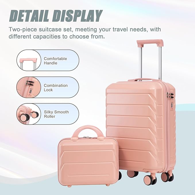 Kids Luggage Sets for Girls, 2 Piece Luggage Set, 20 Inch Rotating Wheel Suitcase with 14 Inch Cosmetic Case, Lightweight Hardshell Suitcase with 360° Spinner Wheels for Travel (Pink)
