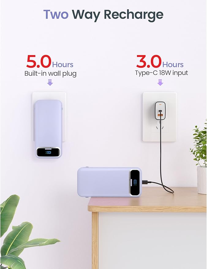 12000mAh Lightweight-Portable-Charger-Power-Bank with Built-in Cables and AC Wall Plug, PD20W USB-C Fast Charging Battery Pack, LED Display External Travel Phone Charger for All iPhone,Samsung,Android