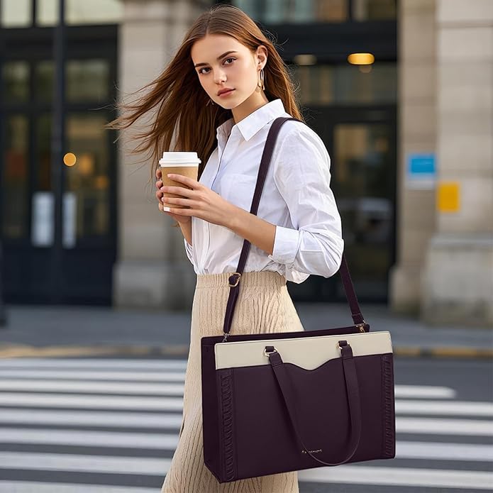 RAINSMORE Laptop Bag for Women 15.6 Inch Work Tote Bag with Detachable Strap & Bow Professional Laptop Tote with Cup Holder