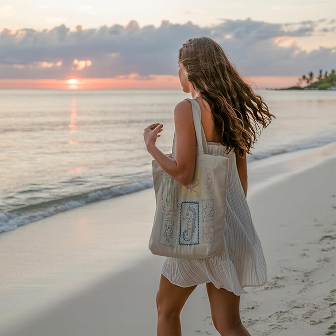 Aesthetic Canvas Tote Bag, Cute Reusable Bags for Women with Inner Pocket