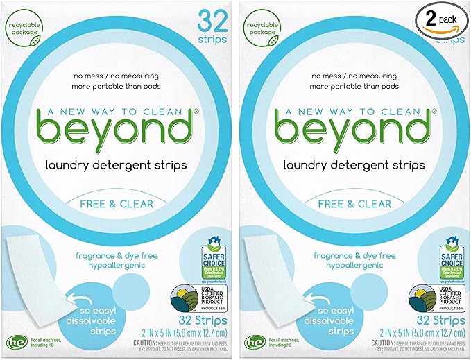 Beyond Laundry Detergent Strips [32 strips] - Free & Clear - Eco-friendly, Hypoallergenic. Travel friendly. Dissolvable Strips.,(Pack of 2)